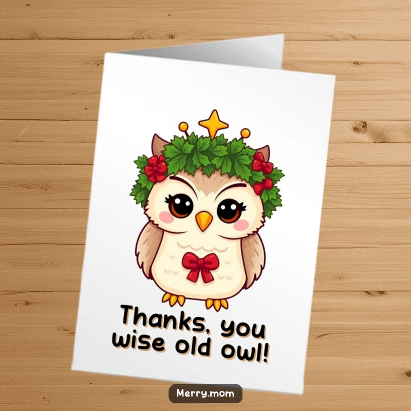 Funny Free Printable Thank You Card: Whimsical owl wearing a Christmas wreath as a crown, offering thanks.