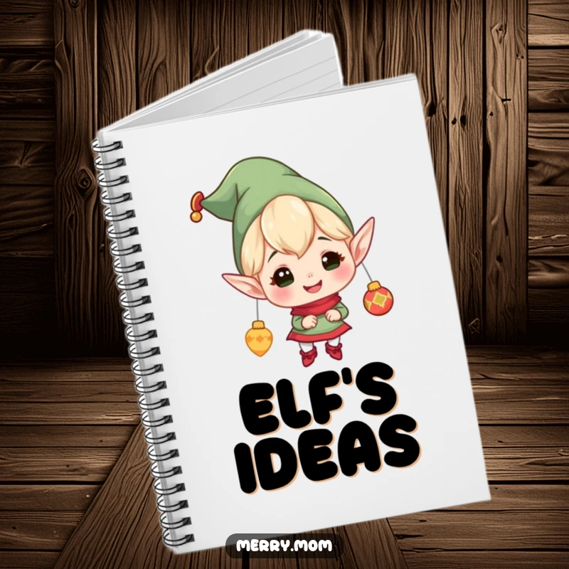 Funny notebook cover with a cheerful elf character with pointy ears, gleefully hanging ornaments, inspiring holiday notes and decorating ideas.
