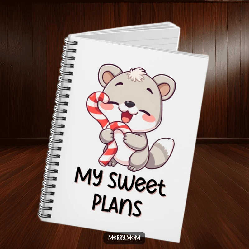 Funny notebook, animal with candy cane and wink, festive stationery, perfect for notes.