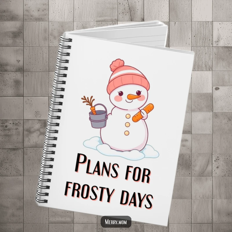 Funny animal building a snowman with a bucket and carrot on a notebook, inspiring winter note-taking and planning.