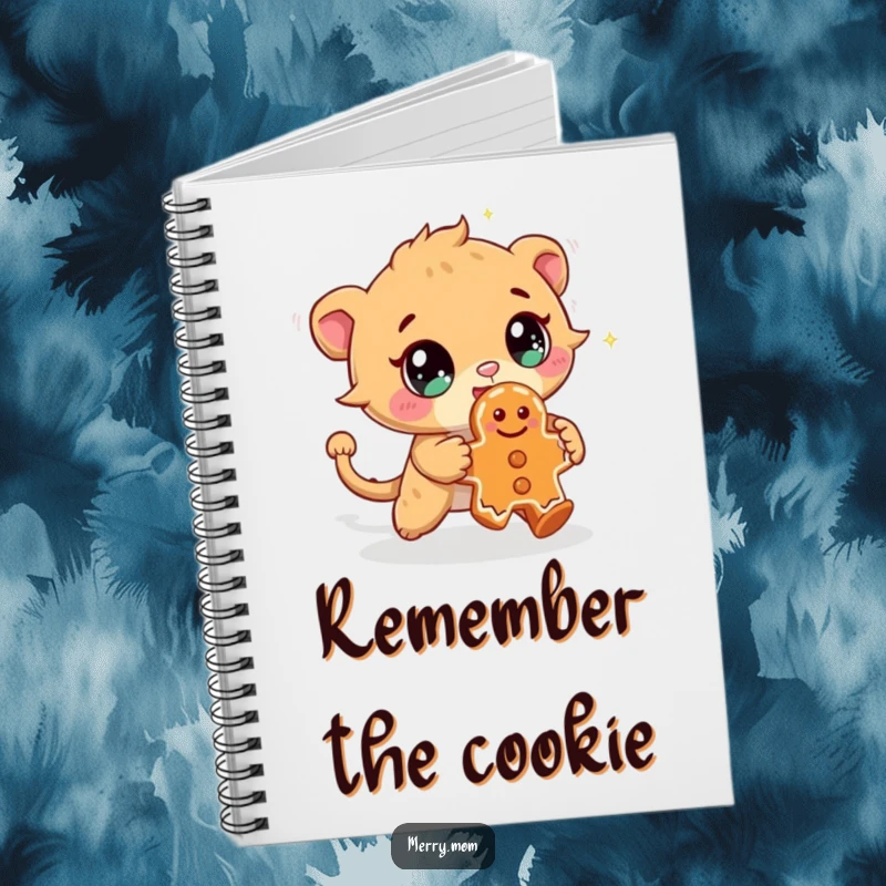 Funny notebook featuring a cute creature with sparkling eyes, chasing a mischievous gingerbread cookie, perfect for jotting down creative ideas.