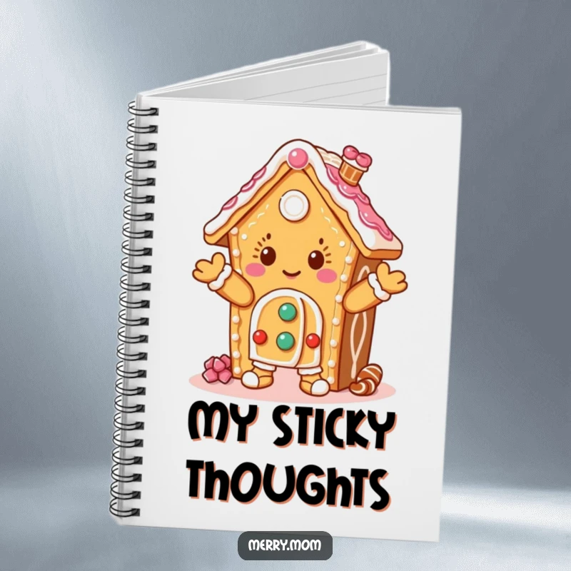 Funny notebook with a dancing gingerbread house character, ideal for writing notes, journaling, or sketching creative ideas.