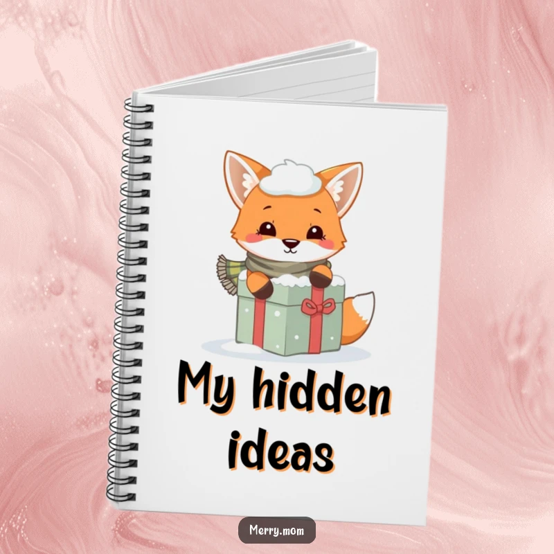 Funny notebook cover with a playful fox in a scarf peeking from behind a snowy gift, perfect for winter journaling.