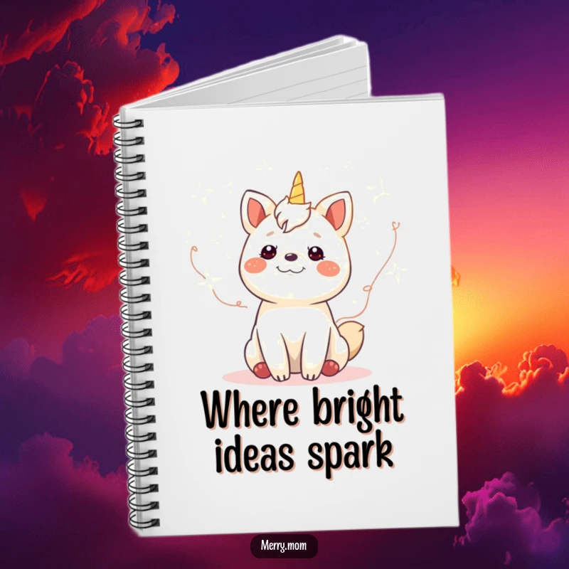 Funny gleeful animal surrounded by twinkling fairy lights on a notebook cover, inspiring creative writing and joyful note-taking.