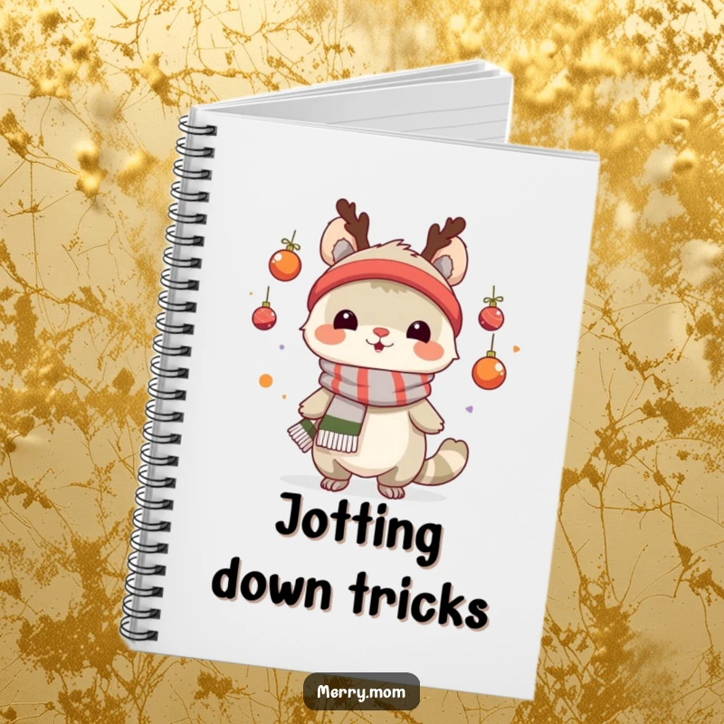 Funny notebook with a creature in a festive scarf juggling ornaments, perfect for jotting down holiday ideas.