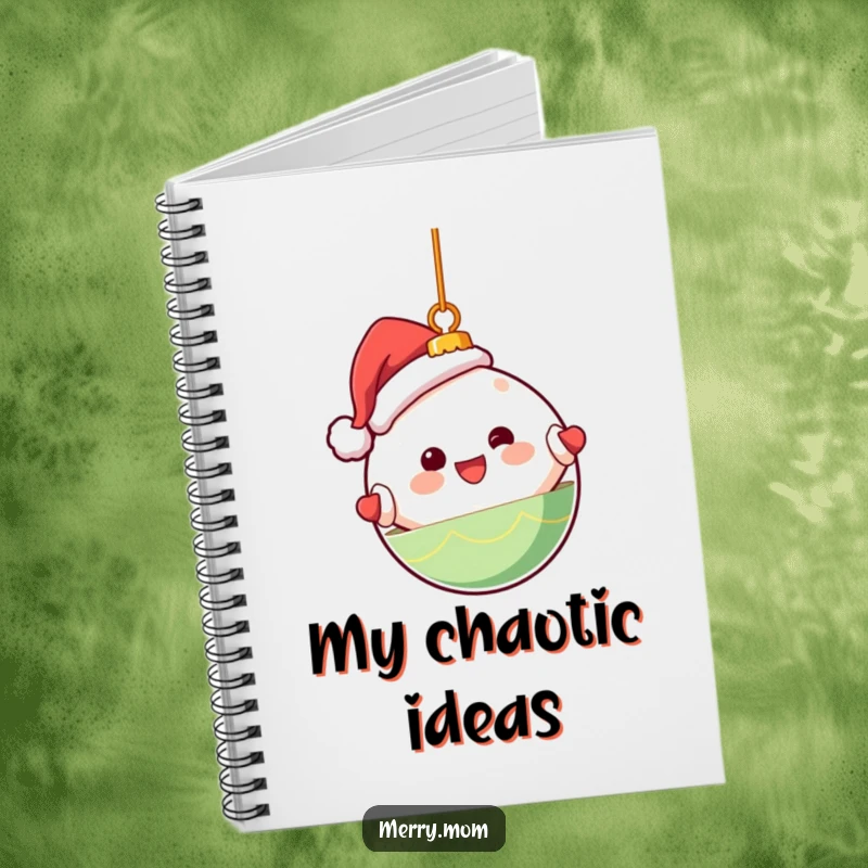 Funny notebook with a cute Kawaii Christmas ornament character happily spinning, perfect for jotting holiday notes.