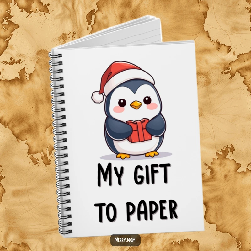 Funny kawaii penguin wearing a Santa hat and holding a gift, featured on a notebook for jotting down festive ideas.