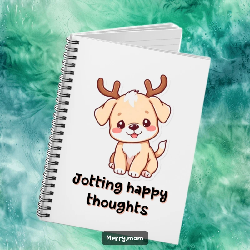 Funny kawaii puppy with antlers wagging its tail on a notebook cover, inspiring joyful and humorous writing.