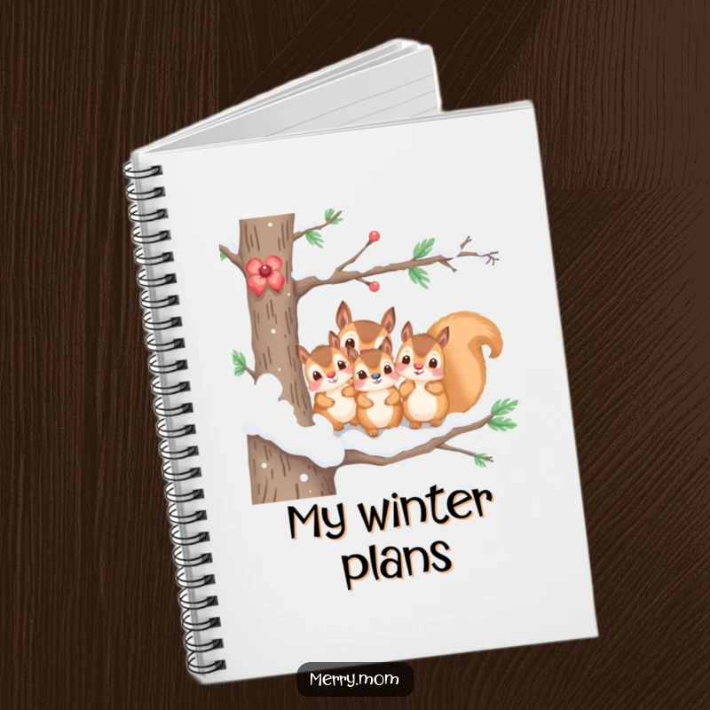 Funny notebook with a kawaii squirrel family peeking from a snowy branch, perfect for journaling winter thoughts.