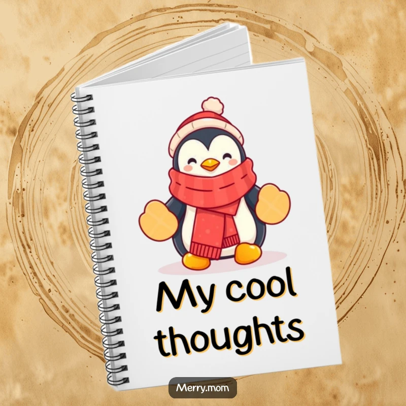 Funny Penguin Notebook with a cartoon penguin in a festive scarf and mittens, perfect for notes and lists.