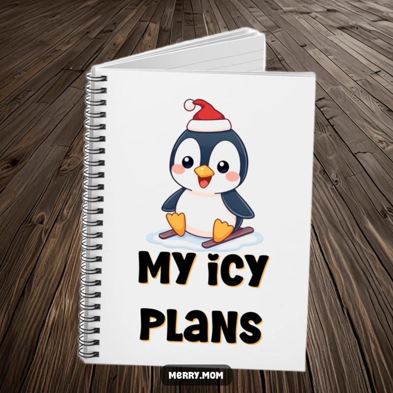 Funny notebook with a happy penguin wearing a Santa hat, sliding on ice, perfect for writing holiday notes.