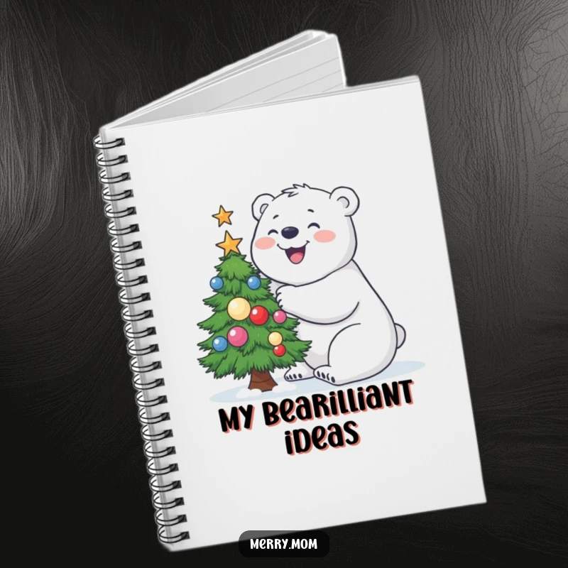 Funny Polar Bear Notebook with a joyful polar bear building a small, decorated Christmas tree, perfect for notes.