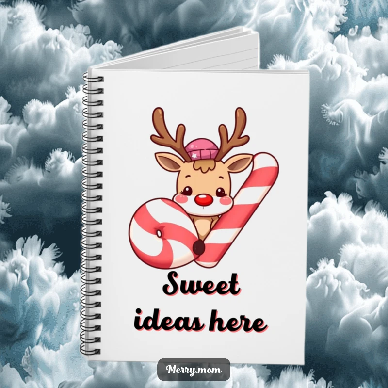 Cute smiling reindeer peeking from behind a giant candy cane on a notebook cover, inspiring creative writing and festive note-taking with holiday humor.