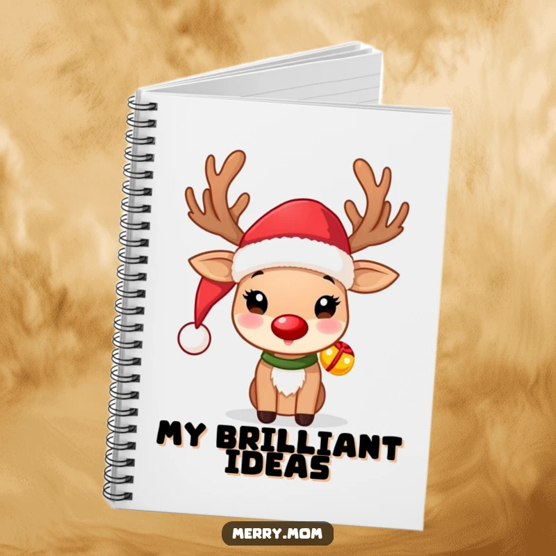 Funny Reindeer Notebook with a cute reindeer wearing a Santa hat and jingle bells, great for notes and lists.