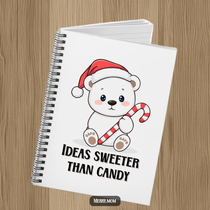 Funny Christmas notebook with a cute polar bear in a Santa hat, offering a candy cane, perfect for jotting down holiday plans.