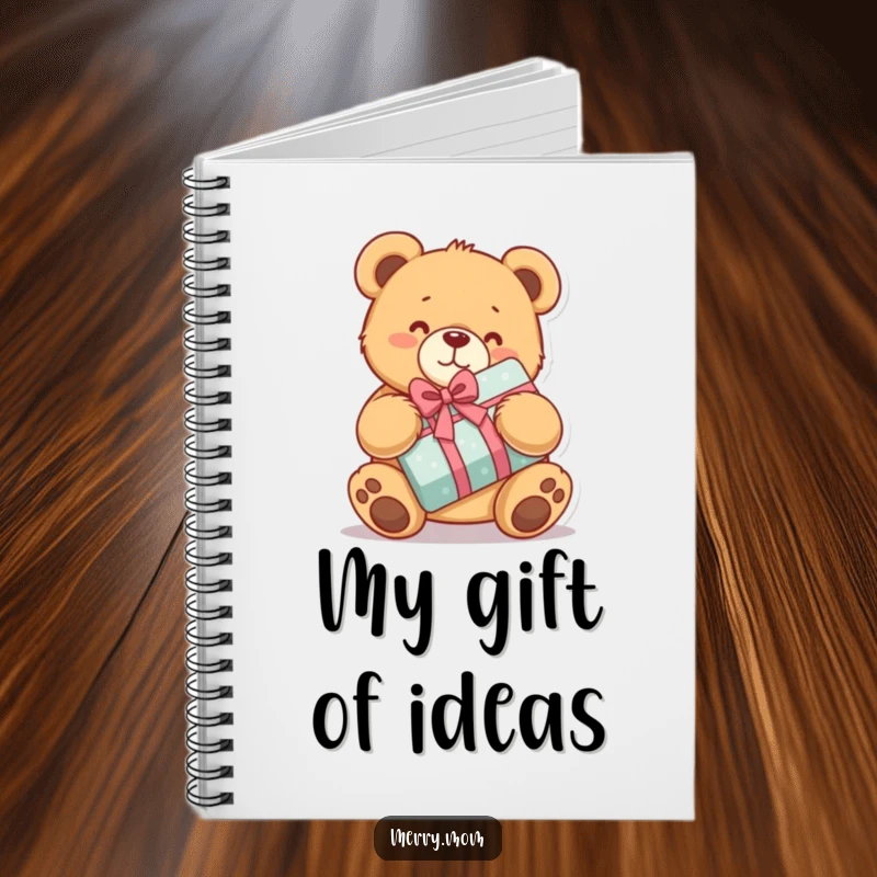 Funny notebook with a kawaii teddy bear hugging a wrapped present, perfect for jotting down happy thoughts.