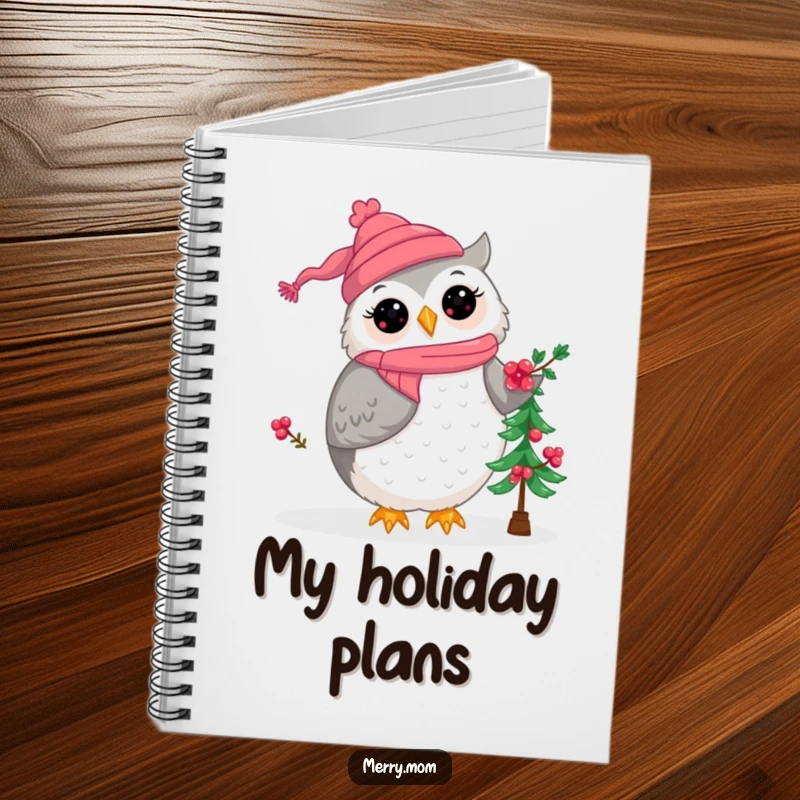 Kawaii owl mom character decorating a small Christmas tree, perfect for jotting down notes with a holiday theme.