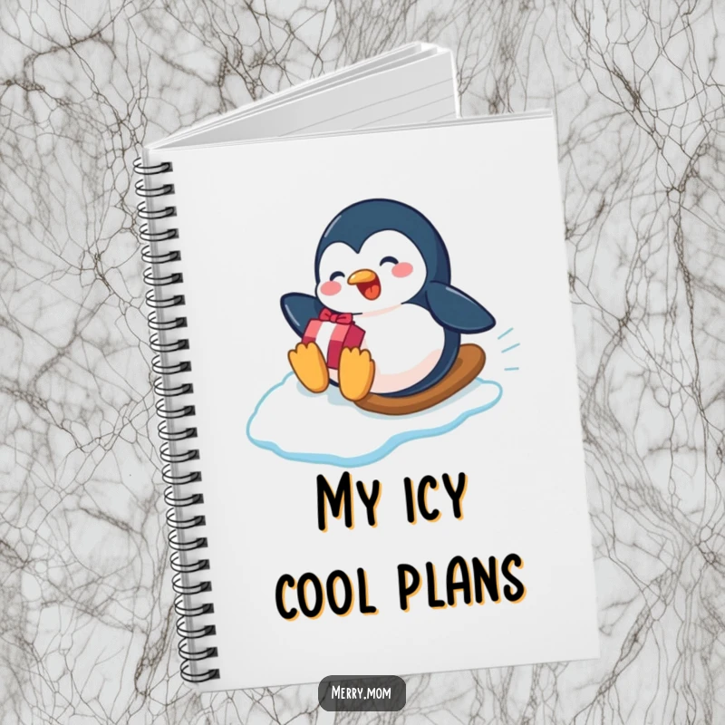 Funny playful penguin sliding down an icy slope with a gift on a notebook, great for winter notes and gifts.