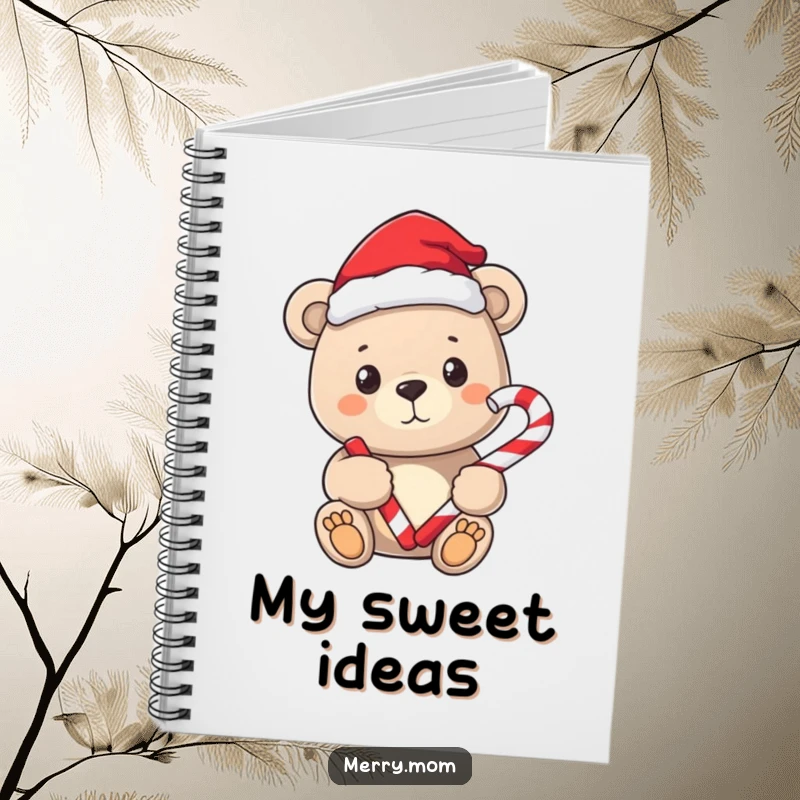 Funny notebook cover featuring a sweet bear wearing a Santa hat, holding a candy cane.