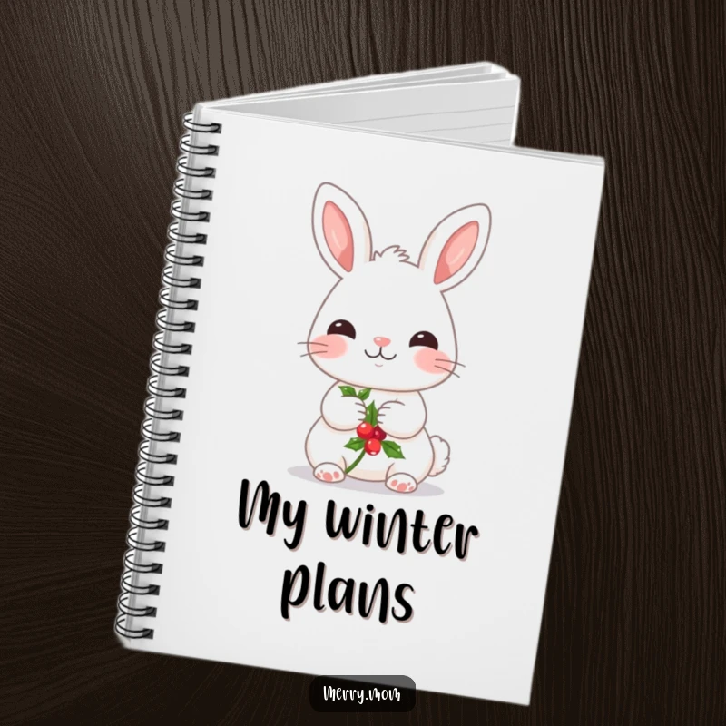 Funny notebook with a kawaii bunny holding a sprig of holly, perfect for jotting down sweet holiday plans.