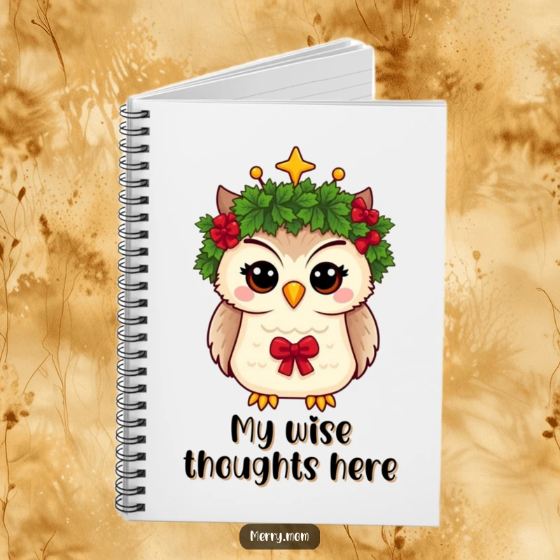 Funny notebook cover with a whimsical owl wearing a Christmas wreath crown, perfect for holiday journaling and notes.
