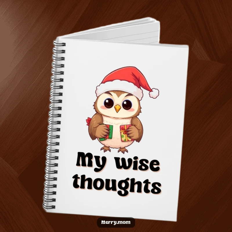 Funny notebook cover featuring a smiling owl wearing a Santa hat, delivering presents.