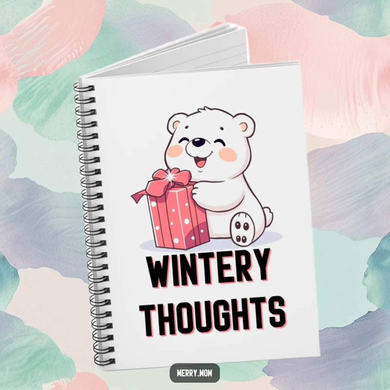 Funny notebook cover with a smiling polar bear character joyfully unwrapping a sparkly gift, inspiring holiday notes and cheerful ideas.