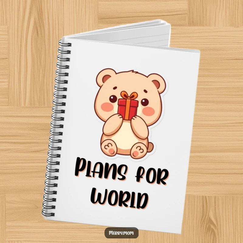 Funny little bear holding a bright red present, ready to inspire notes in this cute and functional notebook.