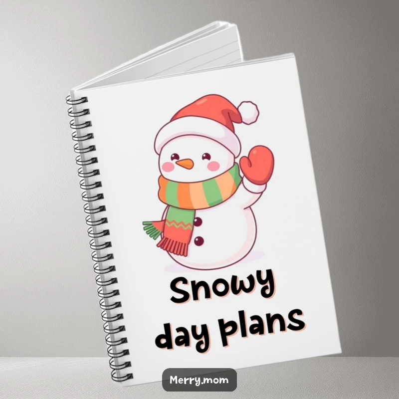 Funny kawaii snowman notebook with a cute snowman in a festive scarf waving a mitten, ideal for jotting down winter notes.