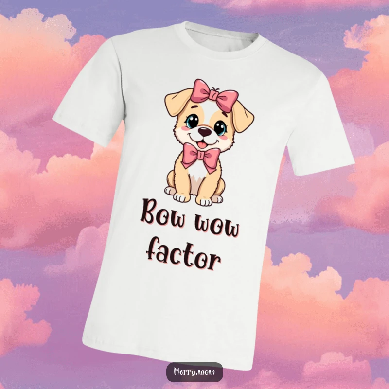 A funny, playful puppy wearing a festive bow, printed on a comfortable t-shirt, ideal for dog lovers.