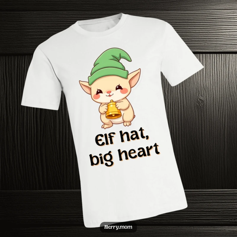 Funny t-shirt showcasing a whimsical creature donning a small elf hat and presenting a festive bell, radiating holiday joy.