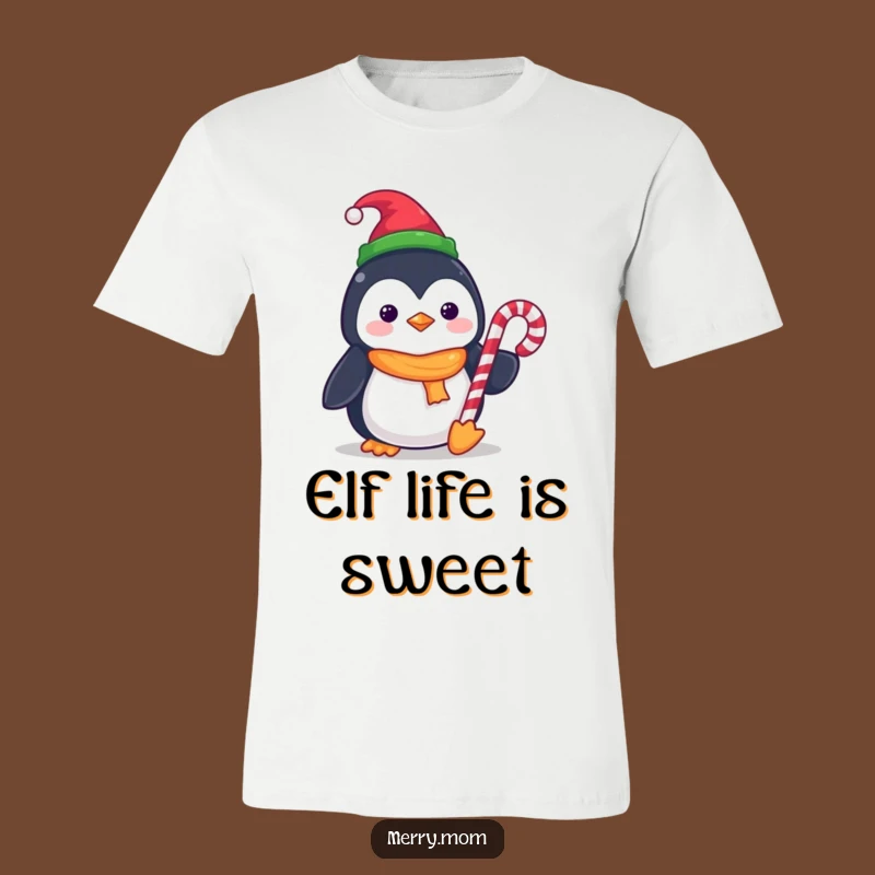 Funny Kawaii Penguin T-Shirt: Elf Hat Candy Cane Cheer, Cute Holiday Graphic Tee