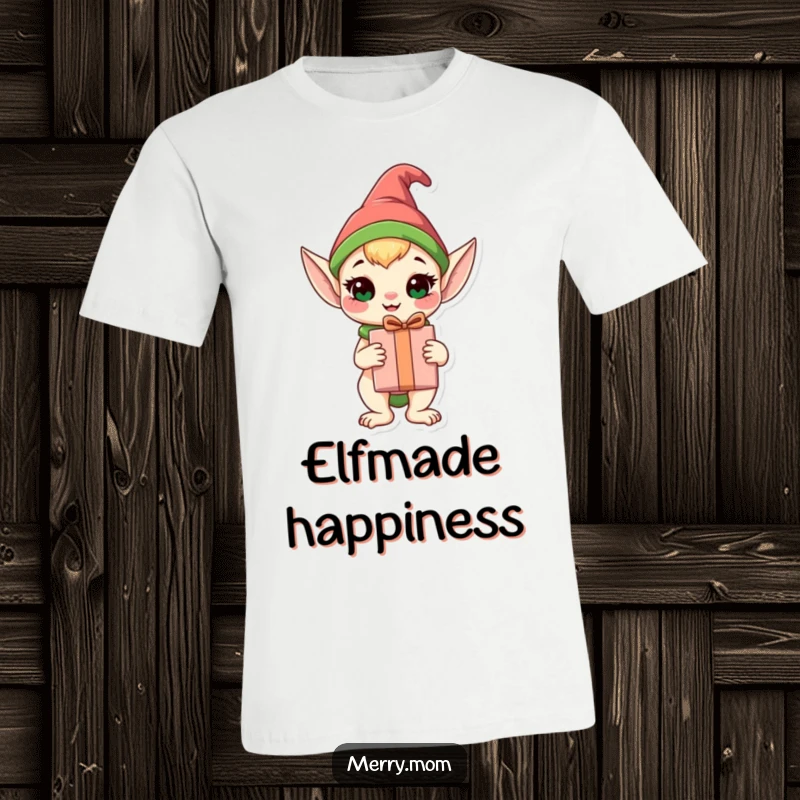 Funny Elf Animal T-Shirt with a happy animal character in elf attire holding a gift, radiating holiday cheer.