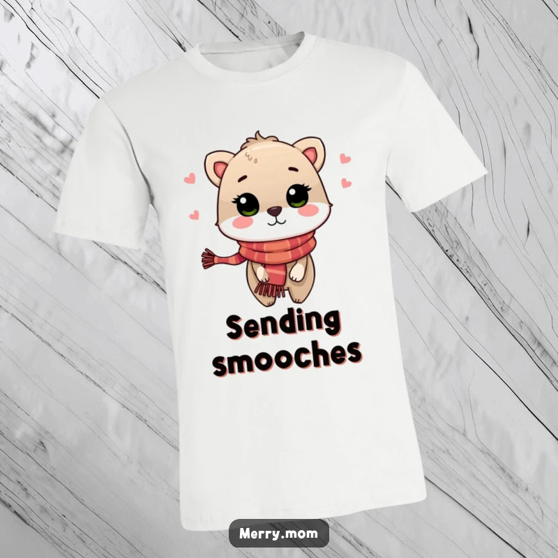 Festive Animal Kiss T-Shirt, depicting a charming animal wearing a holiday scarf and blowing a kiss with warmth.