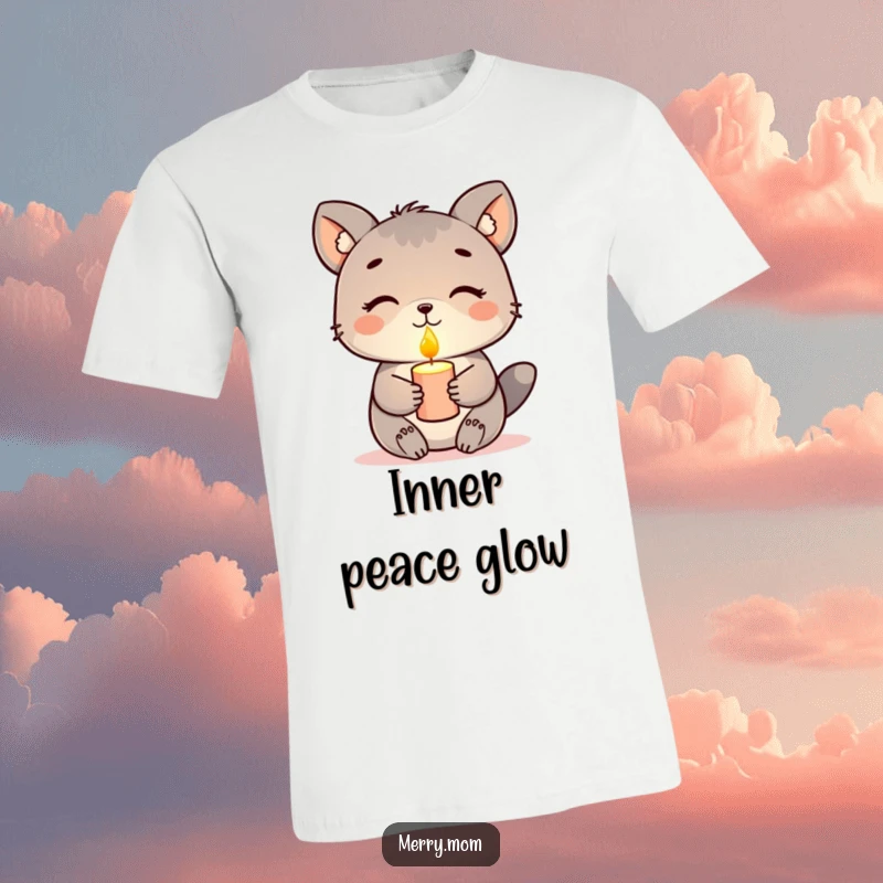 Funny t-shirt, animal holding a glowing candle with a peaceful expression, serene and comforting apparel.