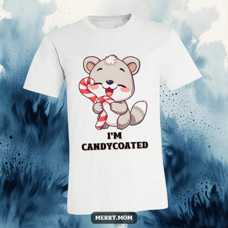 Funny t-shirt with a charming animal holding a candy cane and winking, festive and humorous apparel.