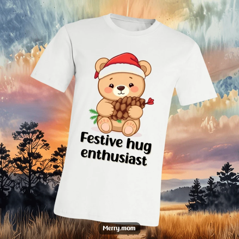 Funny t-shirt featuring a cuddly bear in a Santa hat, giving a warm hug to a festive pine cone.