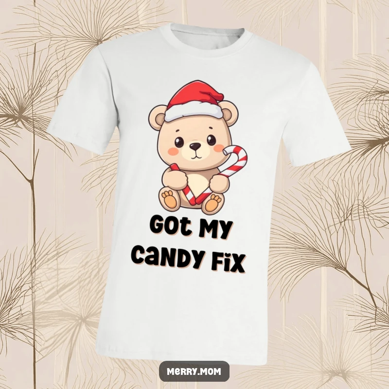 Funny t-shirt with a sweet bear wearing a Santa hat, holding a candy cane, embodying holiday spirit.