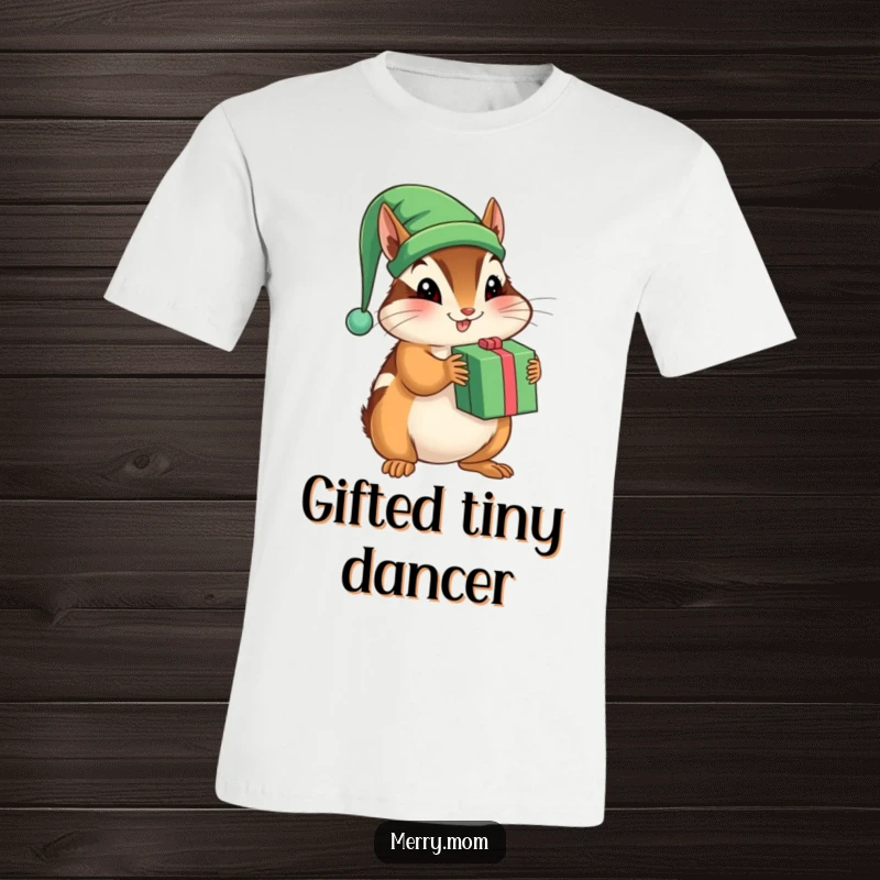 Funny t-shirt with a playful chipmunk wearing a tiny elf hat, shaking a present with excitement.