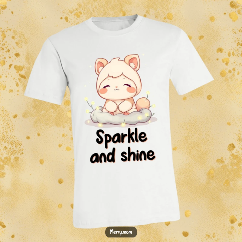 Funny t-shirt with a cute creature letting out a contented sigh, surrounded by twinkling fairy lights, embodying ultimate relaxation.