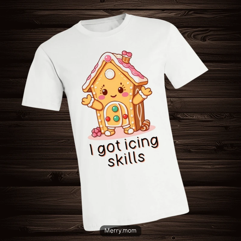 Funny t-shirt with a gingerbread house character dancing joyfully, adorned with icing, perfect for spreading holiday spirit.