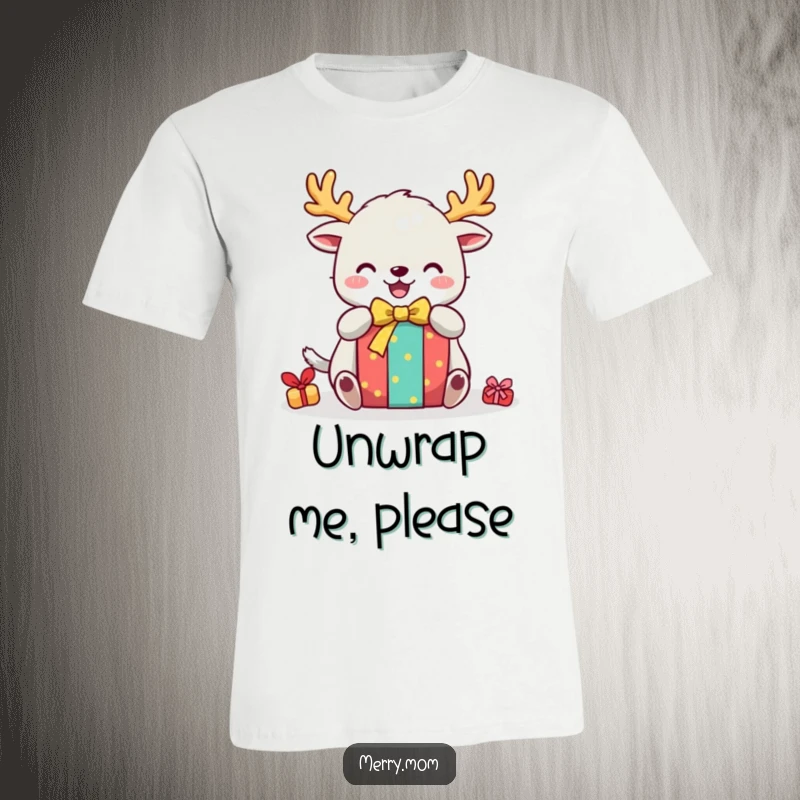 Funny t-shirt with a cute creature wearing festive antlers, joyfully unwrapping a vibrant gift, celebrating the holiday season.