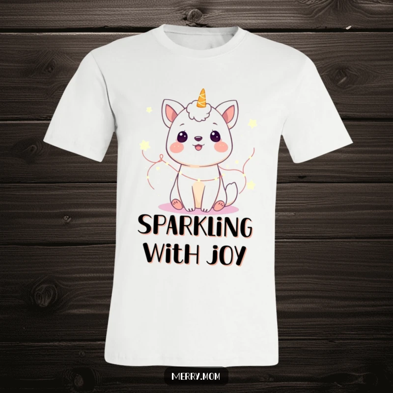 Funny T-Shirt: A happy animal surrounded by shimmering fairy lights, glowing with delight and festive magic.