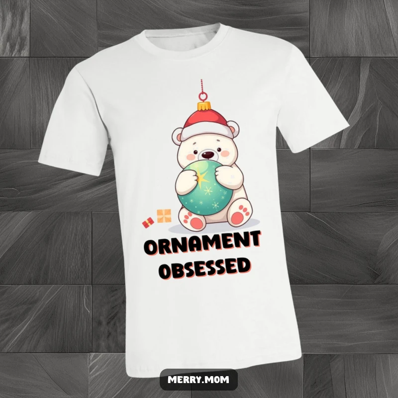 Funny kawaii polar bear in a warm embrace with a large, sparkling Christmas ornament, showcased on a festive t-shirt.