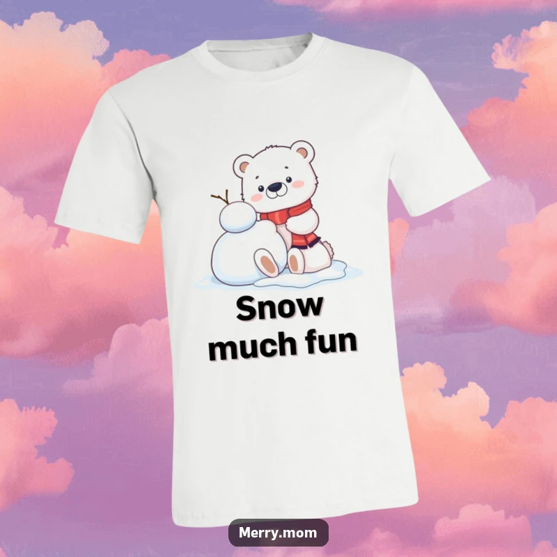 Funny Kawaii Polar Bear Cub T-Shirt, cheerfully building a snowman, showcasing winter fun and adorable cuteness.