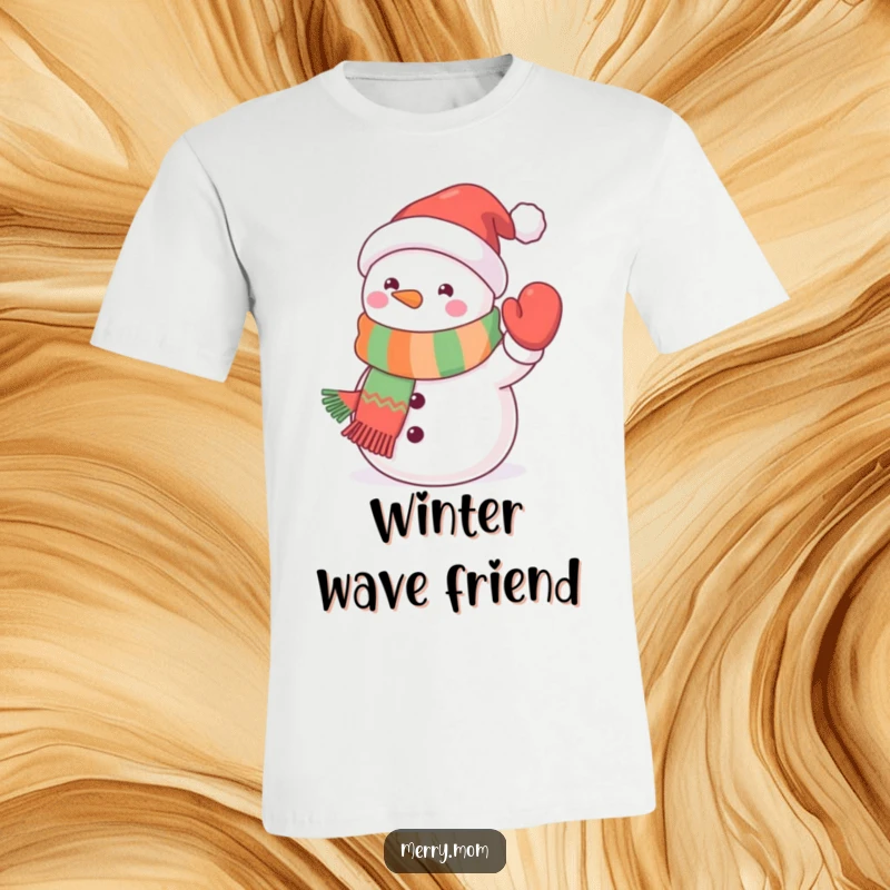 Funny kawaii snowman t-shirt with a cute snowman in a festive scarf waving a mitten, embodying winter friendship and charm.