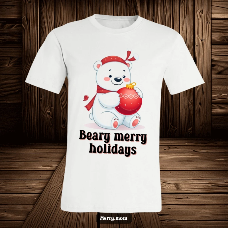 Funny t-shirt with a jolly polar bear hugging a big red ornament, celebrating festive holiday spirit.