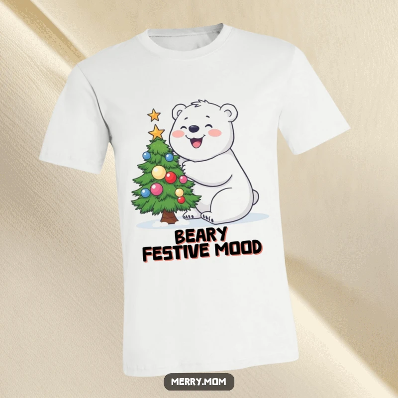 Funny Polar Bear T-Shirt featuring a joyful polar bear engaged in building a small, decorated Christmas tree.