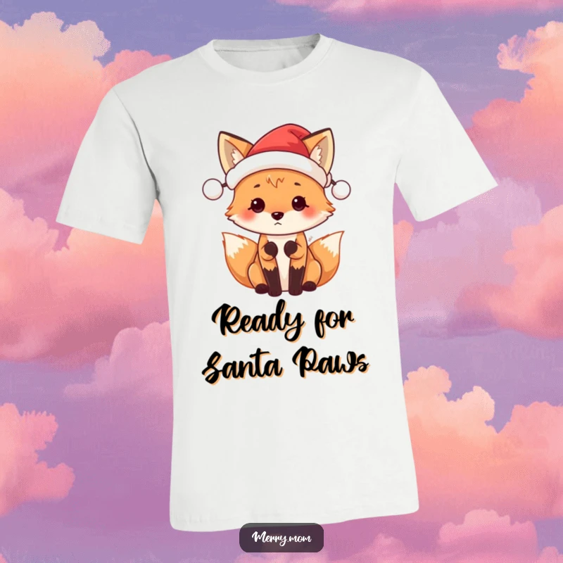 Funny Santa Fox t-shirt showing a cute fox in a tiny Santa hat, looking forward with festive excitement.