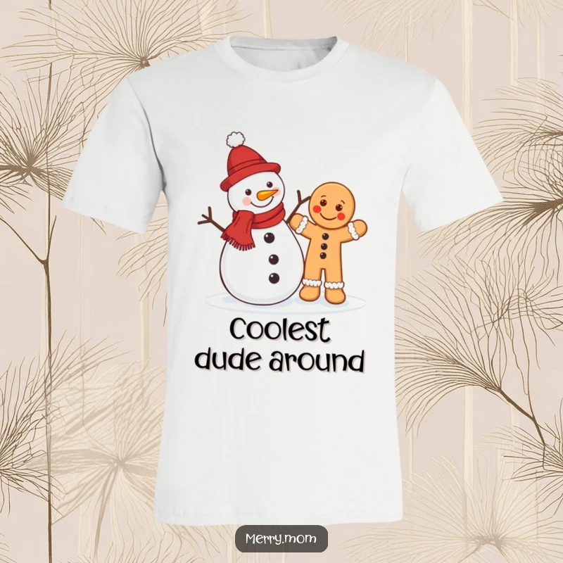 Funny Christmas t-shirt showcasing a jolly snowman and a waving gingerbread man, radiating happiness and festive cheer.